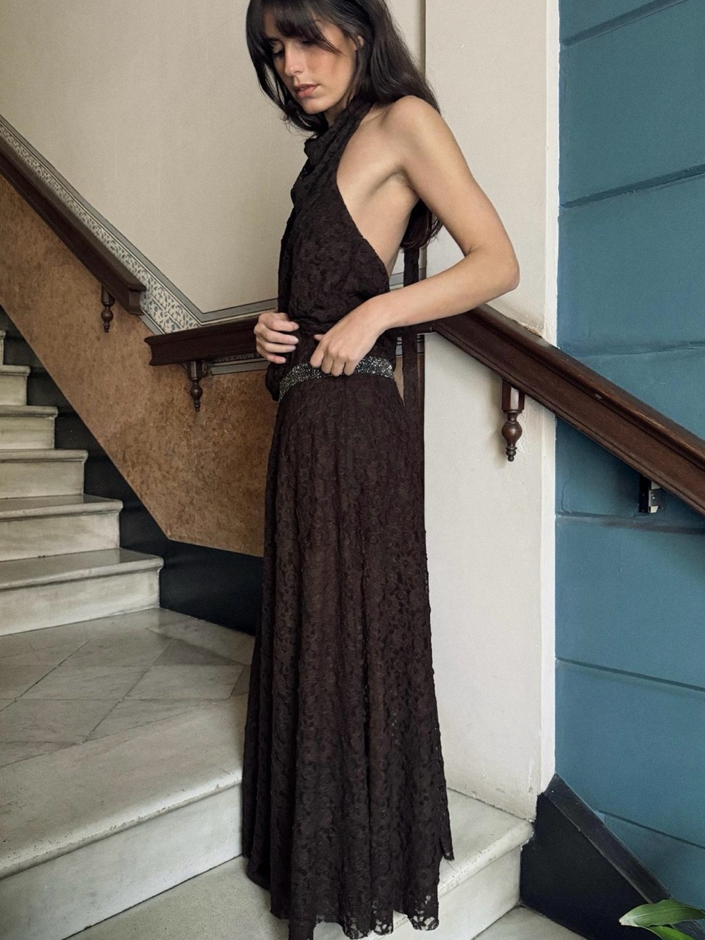 BNWT Zara Chocolate Brown Sparkly Lace Halter Dress